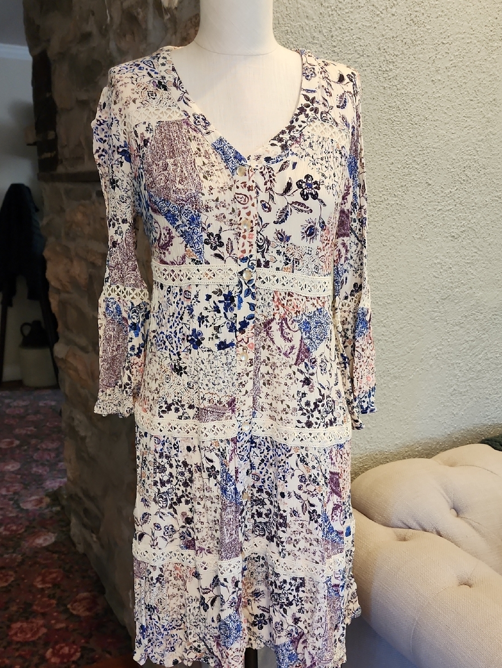 Knox Rose White Midi Dress with Blue and Mauve Floral Patchwork